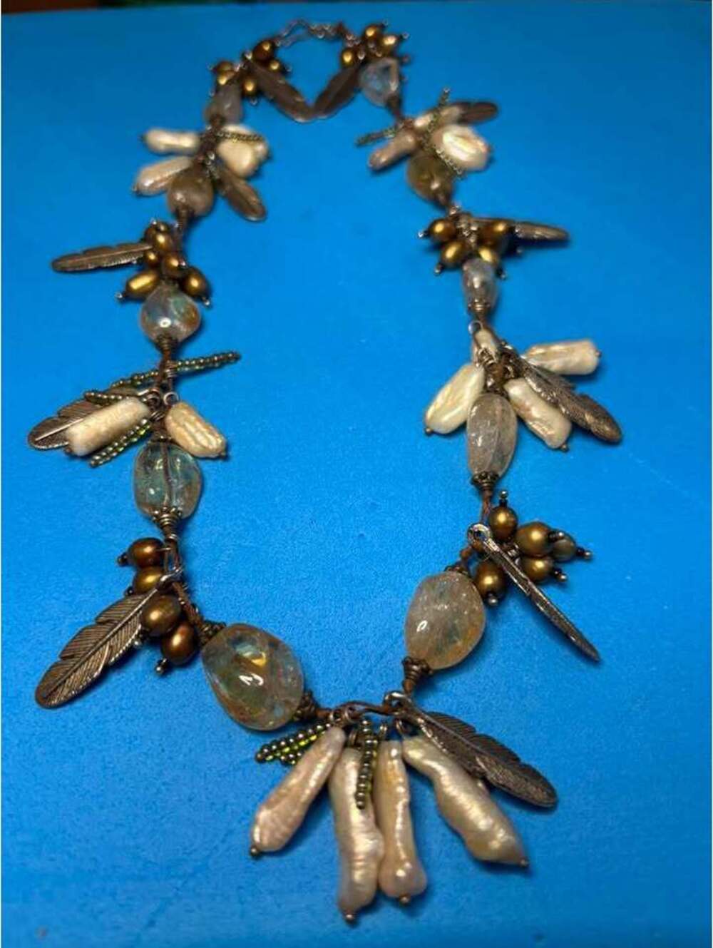 Bohemian Pearl and Quartz Feather Charm Necklace
